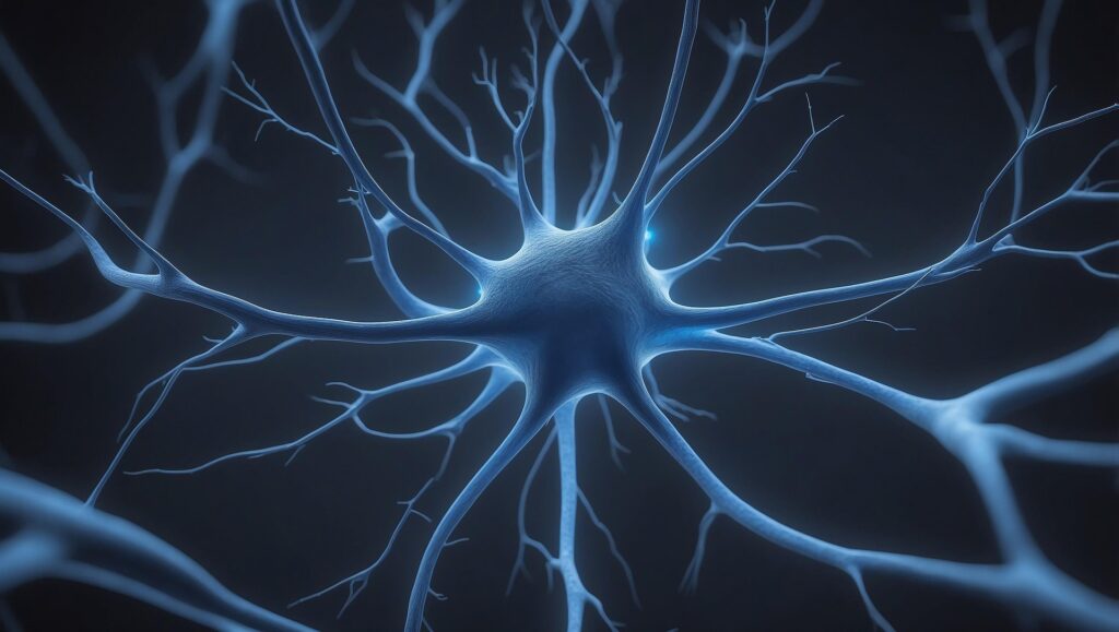A light blue neuron against a dark blue background